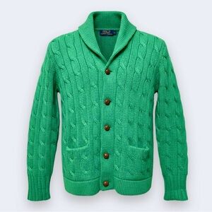 Polo Ralph Lauren Lambswool Shawl Collar Cable Knit Cardigan Green L